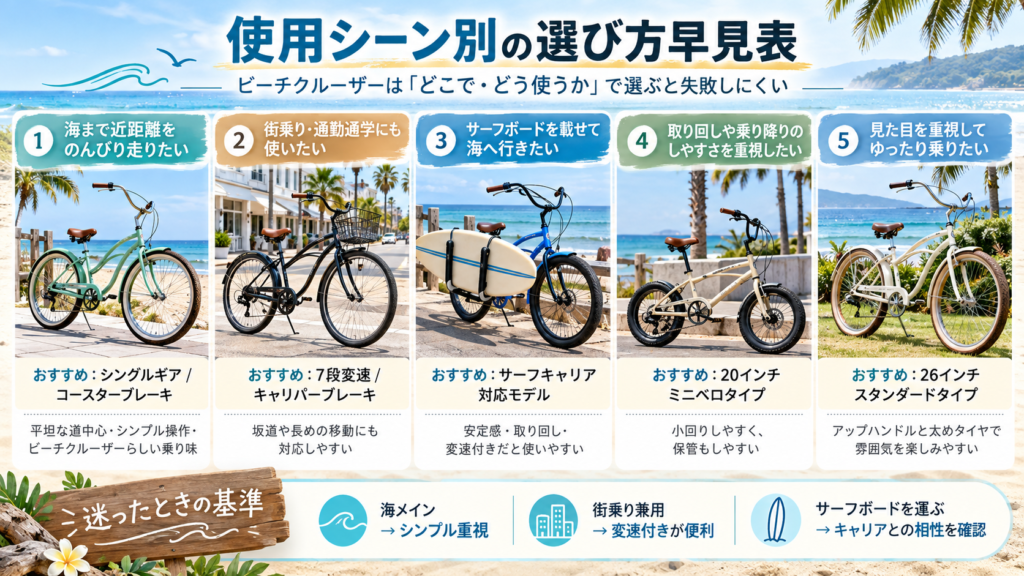 海までの近距離移動、街乗り、小回り重視の3パターンでビーチクルーザーの選び方を整理した早見表の図解