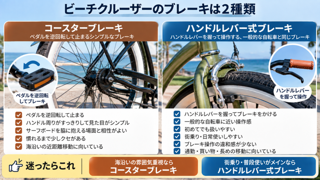 コースターブレーキとハンドルレバー式ブレーキの特徴や向いている使い方を左右で比較した図解