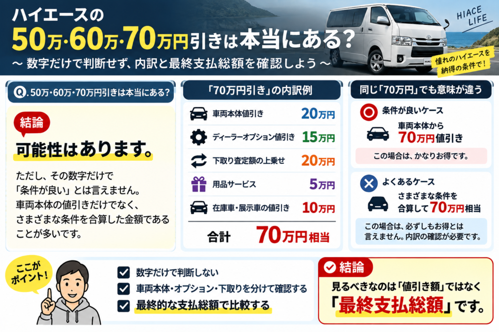 ハイエースの50万・60万・70万円引きという数字の見方を解説した図解。車両本体値引きだけでなくオプションや下取りを含む可能性があることを示している