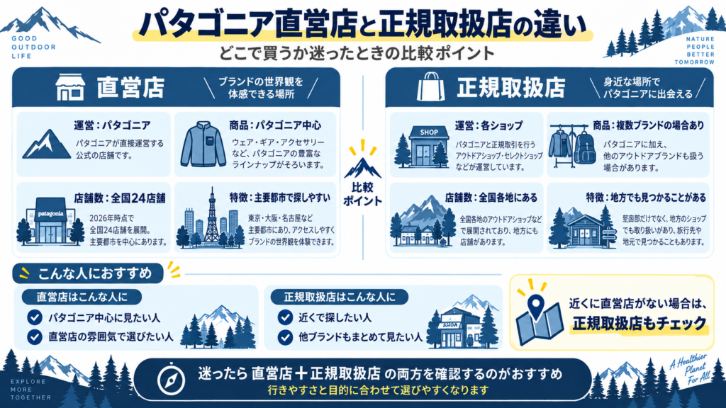 パタゴニアの直営店と正規取扱店の違いを比較した図解。運営元、店舗数、品ぞろえ、探しやすさの違いをまとめている