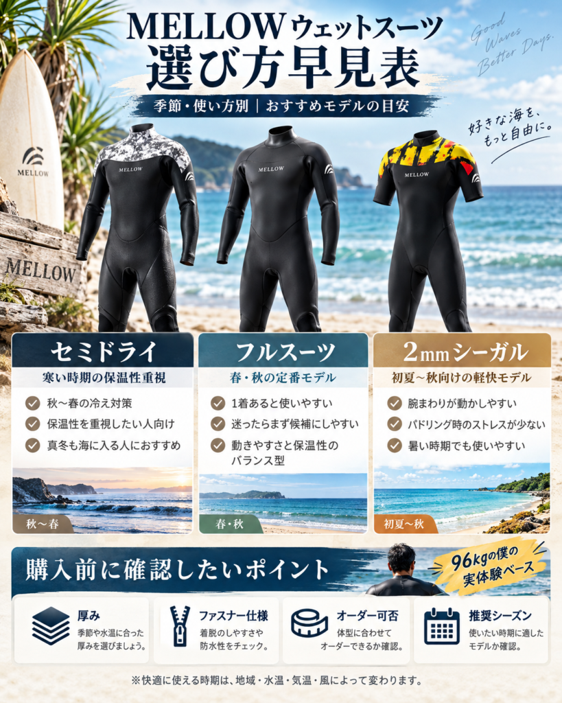 メローウェットスーツの5×3mmセミドライ、3mmフルスーツ、2mmシーガルを季節別に比較した図解。冬・春秋・初夏〜秋でどのモデルが合うかを一覧でまとめている。