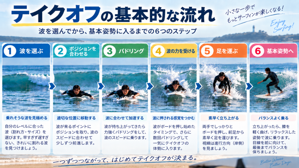 サーフィンのテイクオフを波選びから基本姿勢まで6段階で示した図