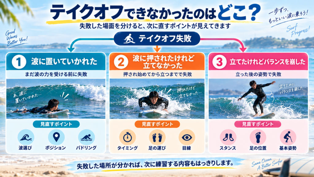 サーフィンのテイクオフ失敗を波に置いていかれる・立てない・バランスを崩すの3段階で整理した図