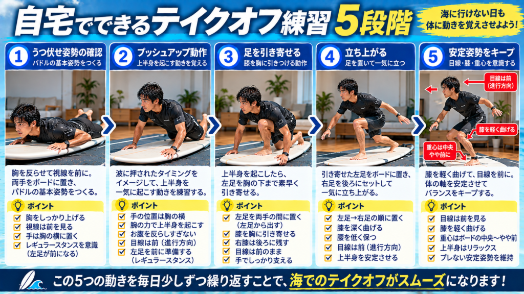 自宅で行うサーフィンのテイクオフ練習を、うつ伏せ・手をつく・上体を起こす・足を運ぶ・立つ姿勢の5段階で示した図解