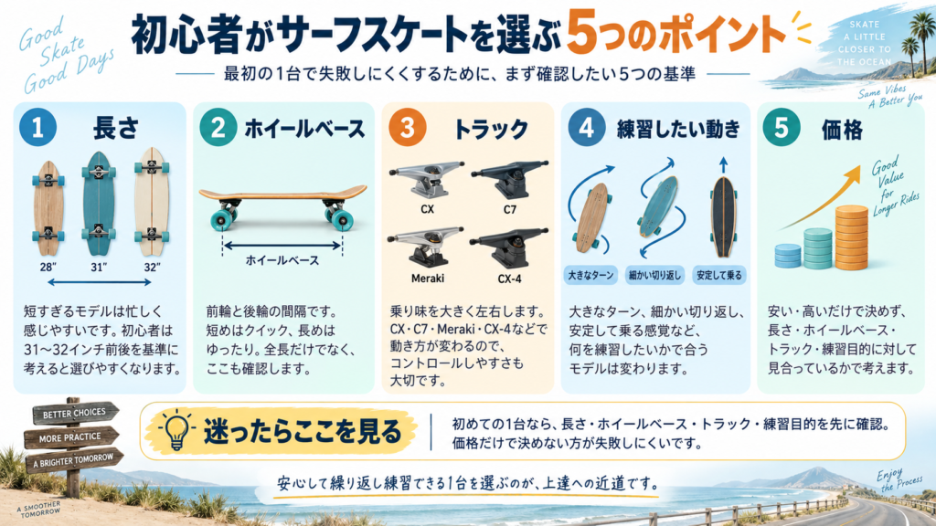 初心者がサーフスケートを選ぶ5つのポイントをまとめた図解