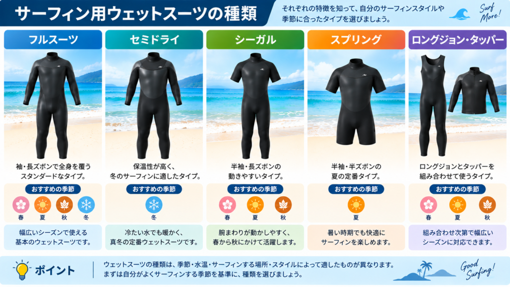 サーフィン用ウェットスーツ5種類の特徴と使う季節を比較した図解
