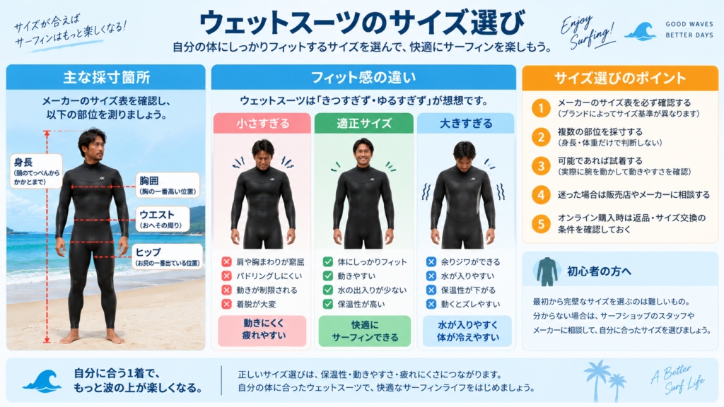 ウェットスーツのサイズ選びで確認する主な採寸箇所とフィット感の図解