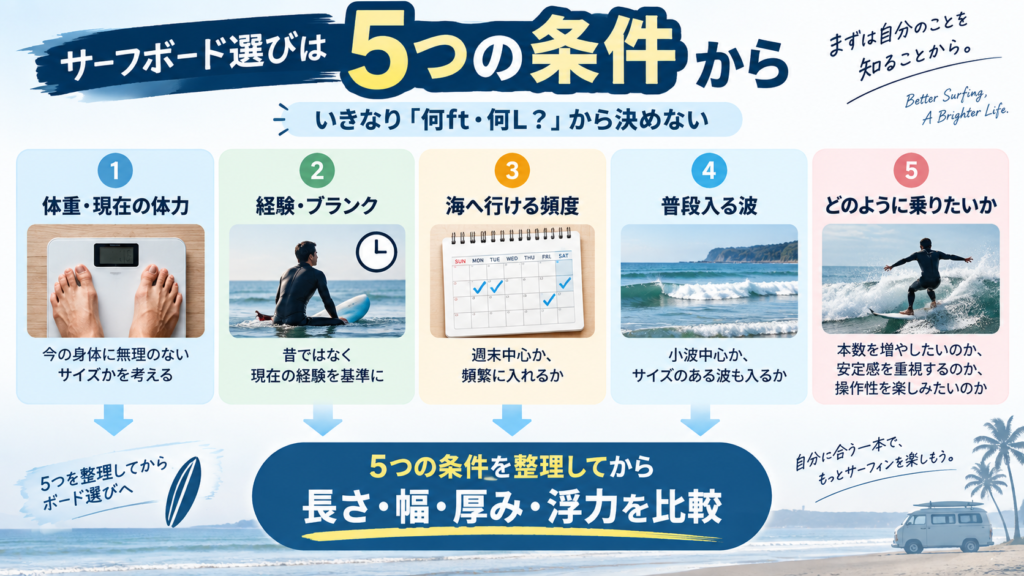 サーフボードを選ぶ前に確認したい体重・経験・頻度・波・乗り方の5条件