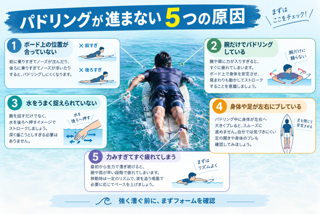 サーフィンのパドリングが進まない5つの原因を示した図解