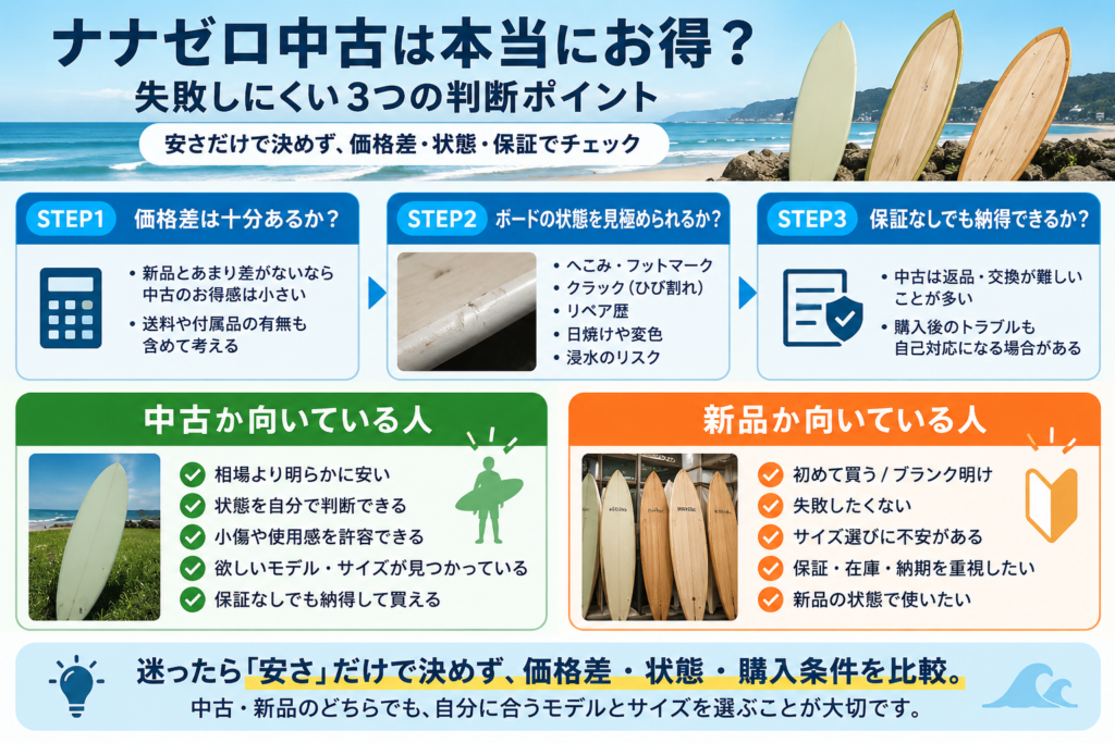 ナナゼロサーフボードの中古がお得かどうかを、価格差・ボード状態・保証の3点で判断し、中古向きの人と新品向きの人を整理した図解