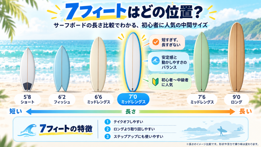 ショートボード、7フィート前後のミッドレングス、ロングボードの長さと特徴を比較した図解
