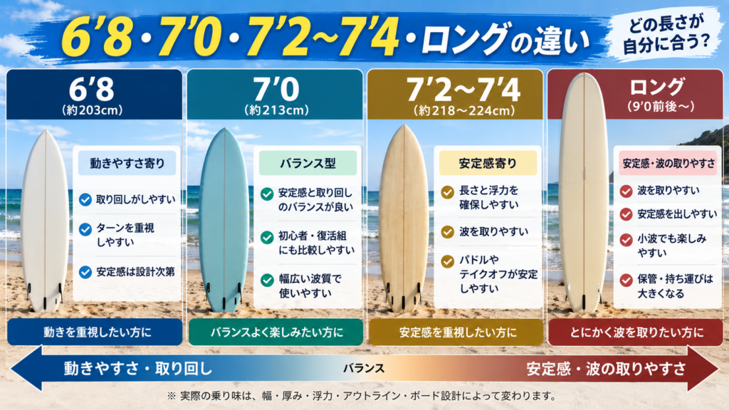 6’8、7’0、7’2〜7’4、ロングボードの特徴と安定感、取り回しの違いを比較した図解
