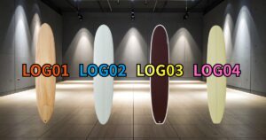 ナナゼロのロングボード4モデル（LOG01・LOG02・LOG03・LOG04）を横並びで比較した画像。形状の違いがわかるサーフボードのシルエット写真。