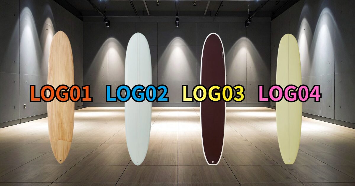 ナナゼロのロングボード4モデル（LOG01・LOG02・LOG03・LOG04）を横並びで比較した画像。形状の違いがわかるサーフボードのシルエット写真。