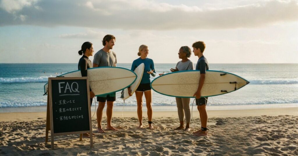 砂浜でサーフボードを手にしたサーファーたちが話をしている様子。背景には穏やかな海と青空が広がり、海辺に設置された「FAQ」と書かれたボードが置かれている。