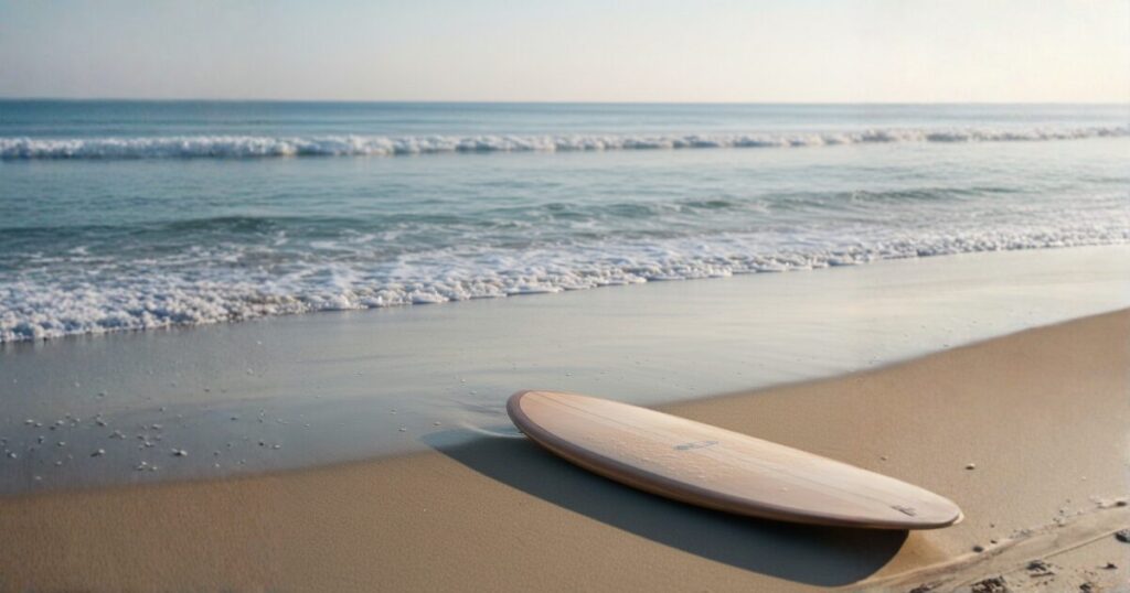 落ち着いた朝の海辺に置かれたミッドレングスサーフボード。砂浜と柔らかい波が映るナナゼロ診断記事用のイメージ写真。