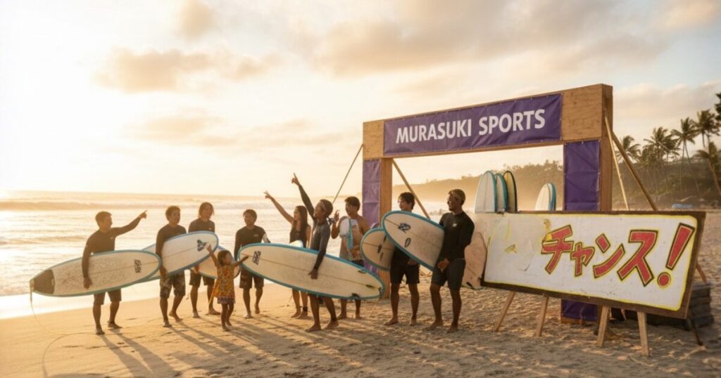 夕暮れの砂浜でサーフボードを持ったサーファーたちが、ムラサキスポーツのゲート前に集まってポーズをとっている。明るい夕日と「チャンス!」の看板が印象的なビーチの風景。