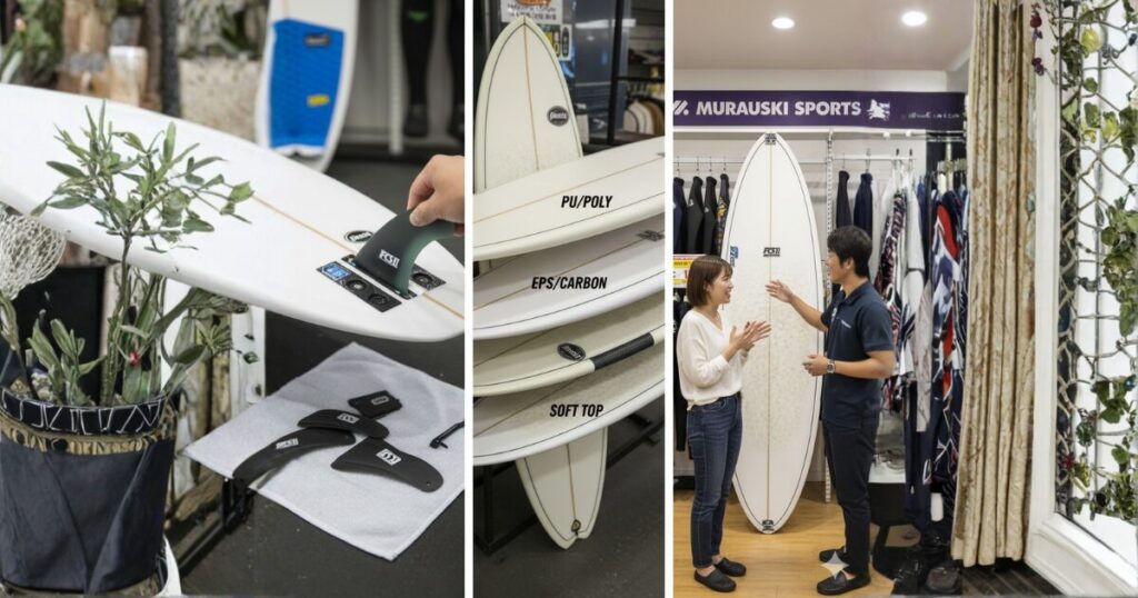 サーフボードのフィンを取り付ける手元、素材ごとに並べられたサーフボード、ムラサキスポーツ店内でスタッフと購入相談をする様子が並んだ構成。購入前に確認すべきポイントをイメージした写真。