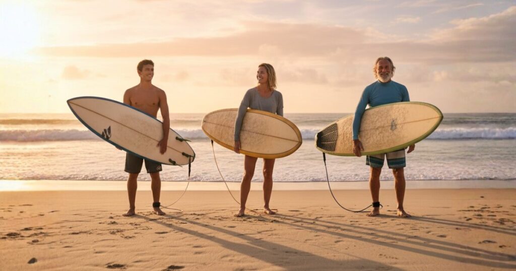 夕暮れの砂浜で3人のサーファーがサーフボードを持って並んでいる。世代の異なるサーファーが笑顔で立ち、穏やかな波と夕日が映えるビーチの風景。