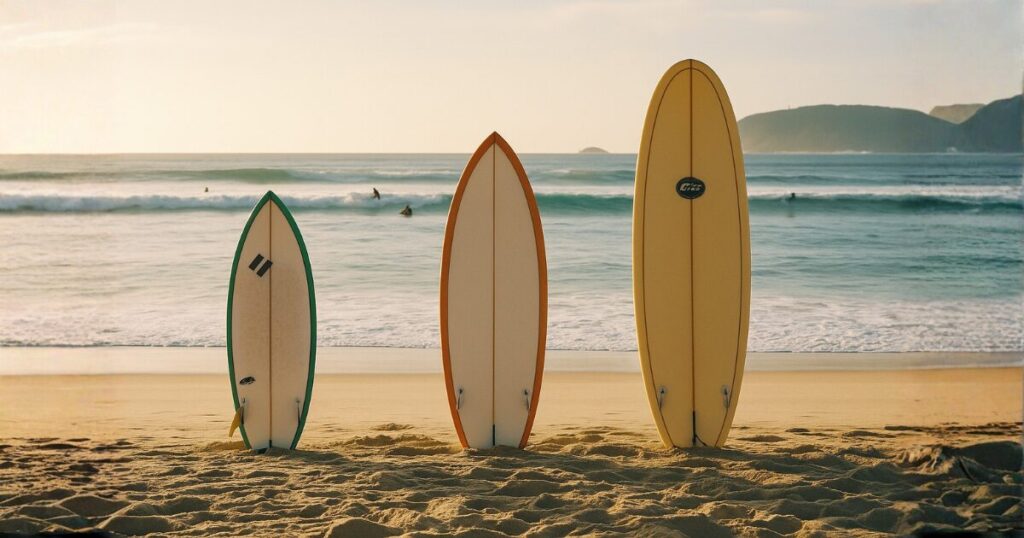 砂浜に立てかけられた3本のサーフボード。左からショート、ミッドレングス、ロングとサイズが異なり、波のある穏やかな海を背景に並んでいる。