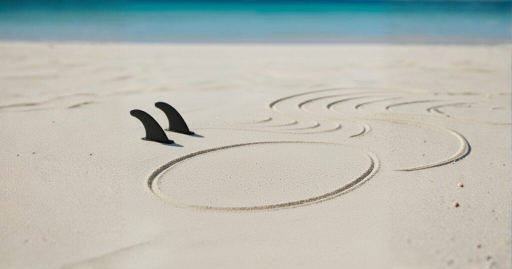 砂浜の上にサーフボードの影とフィンが並んだ抽象的なビーチシーン。波紋のようなラインが描かれ、関連記事セクション向けのイメージとして使われる穏やかな構図。