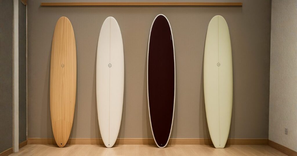 海辺の砂浜にナナゼロの4種類のロングボード（LOG01・LOG02・LOG03・LOG04）が立てかけられて並んでいる様子。朝日の柔らかい光が当たり、モデルごとのシルエットの違いが分かる構図。