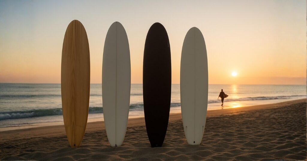 夕暮れの海辺の砂浜に、ナナゼロのロングボード4本（異なるモデル）が立てかけられ、奥にはサーファーが海に向かって歩く姿が見える光景。