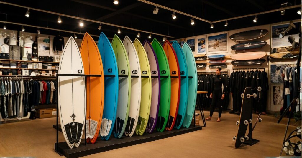 ムラサキスポーツ店内に並ぶカラフルなミッドレングスサーフボード。照明が明るいサーフショップの一角で、ボードが整然と展示されている様子。