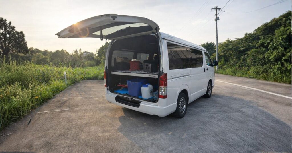 ハイエースの荷室を使った冬のサーフィン車中泊のベッド環境