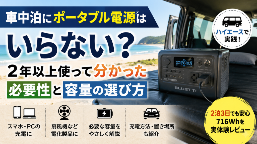 車中泊で使うポータブル電源の必要性と容量の選び方を解説するアイキャッチ