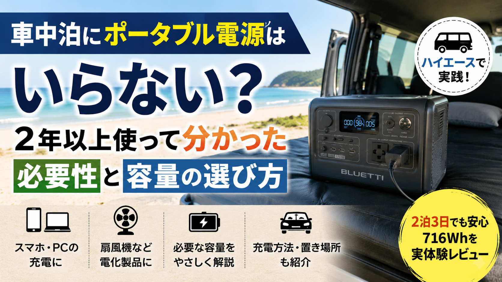 車中泊で使うポータブル電源の必要性と容量の選び方を解説するアイキャッチ