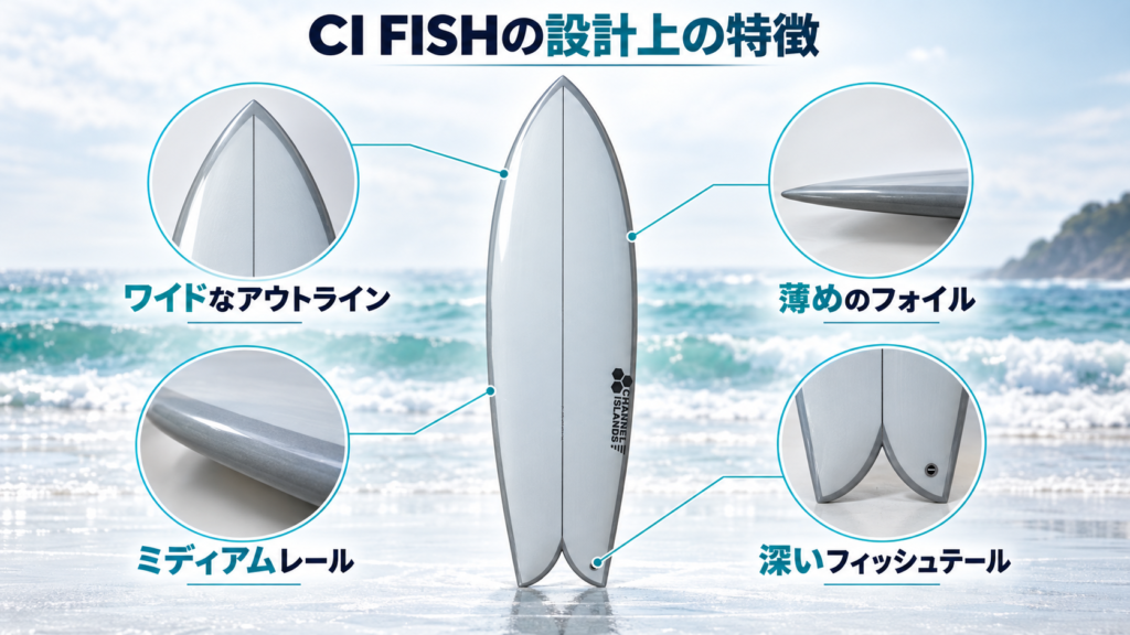 CI FISHのワイドなアウトラインと薄めのフォイル、ミディアムレール、深いフィッシュテール
