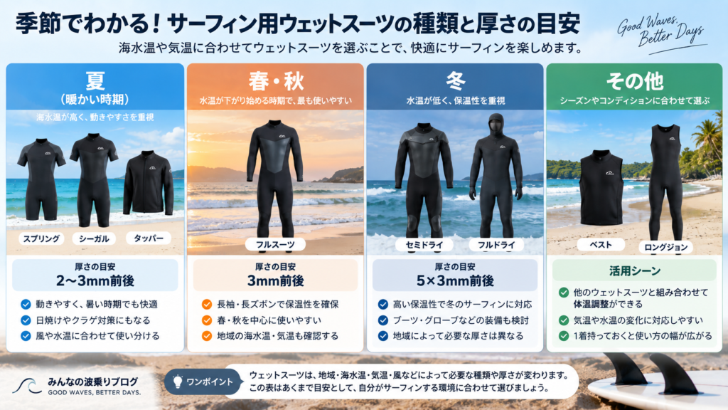 サーフィン用ウェットスーツの種類と厚さを夏・春秋・冬の季節別に比較した図解