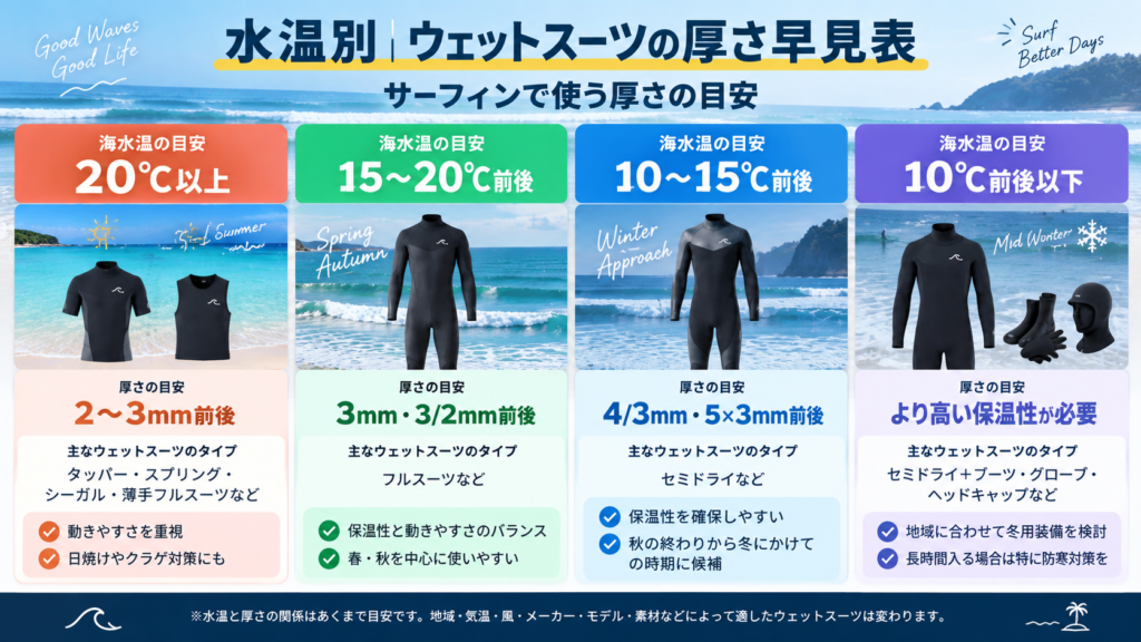 サーフィン用ウェットスーツの厚さを水温別に2mm・3mm・5mmで比較した早見表