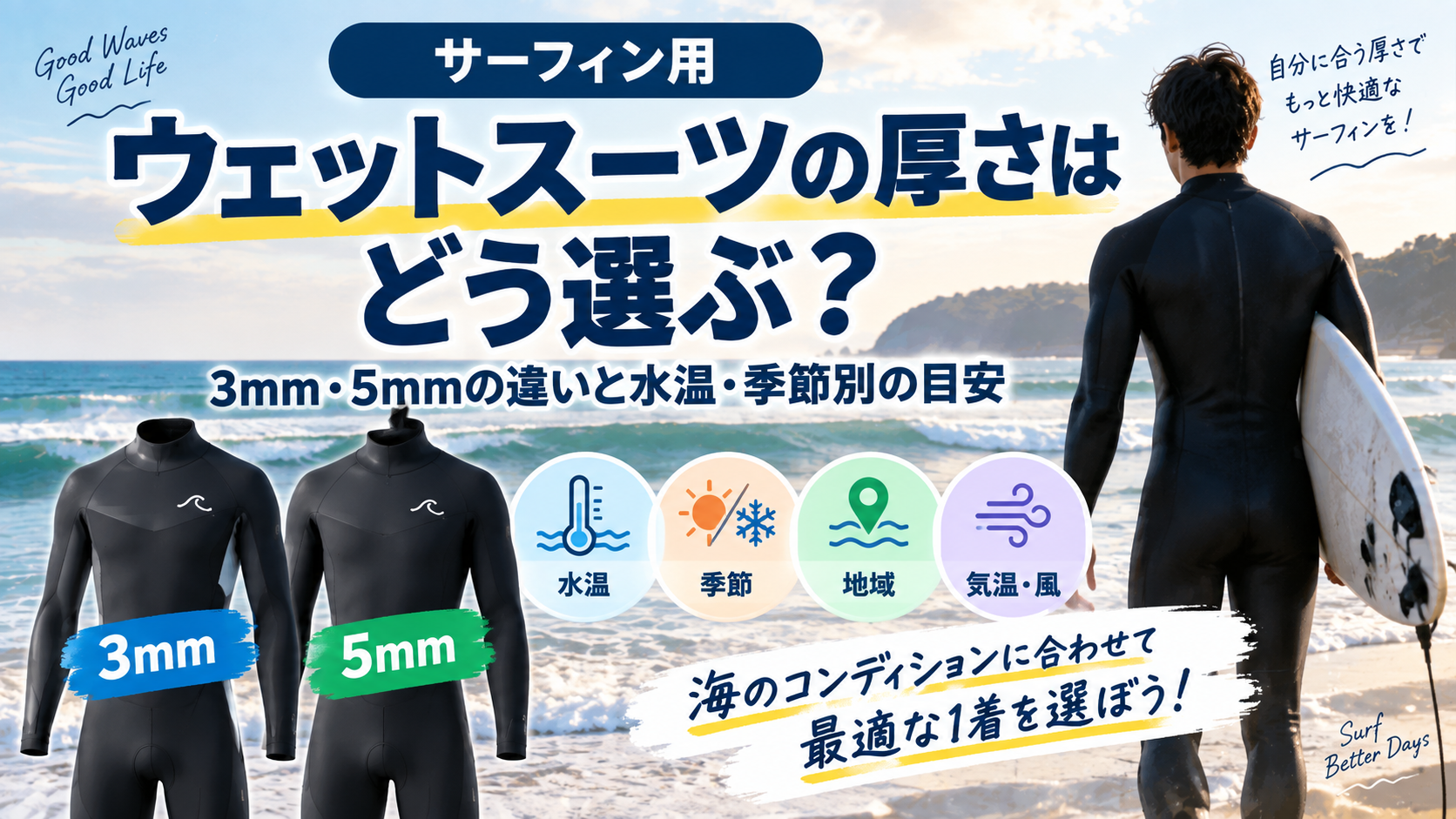 ウェットスーツの3mm・5mmの違いと水温・季節別の厚さの選び方を紹介するアイキャッチ