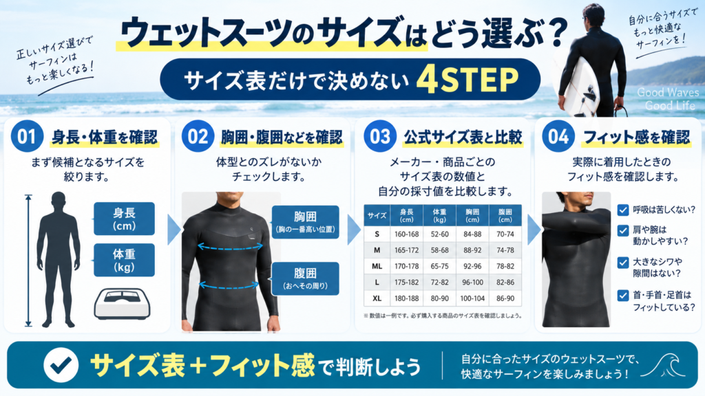 ウェットスーツのサイズを身長・体重・胸囲・腹囲・サイズ表・フィット感から選ぶ4STEP