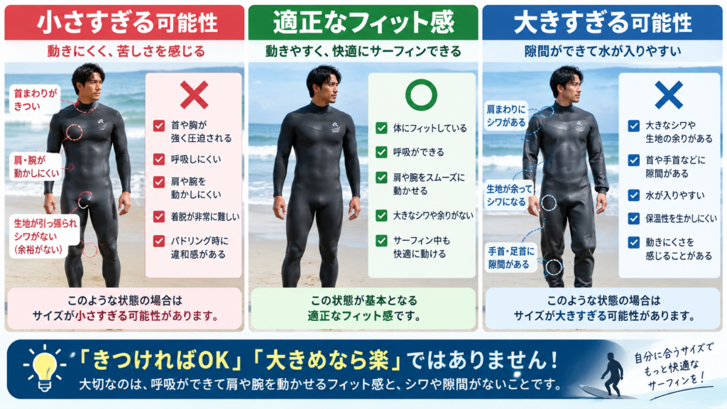 ウェットスーツの小さすぎる・適正・大きすぎるサイズ感ときつさを比較した図解