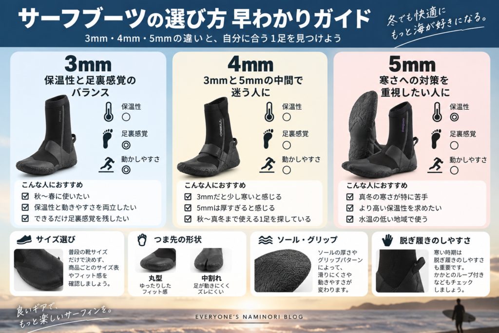 サーフブーツの選び方を3mm・4mm・5mmの厚さ、サイズ、つま先形状、ソールで比較した図解