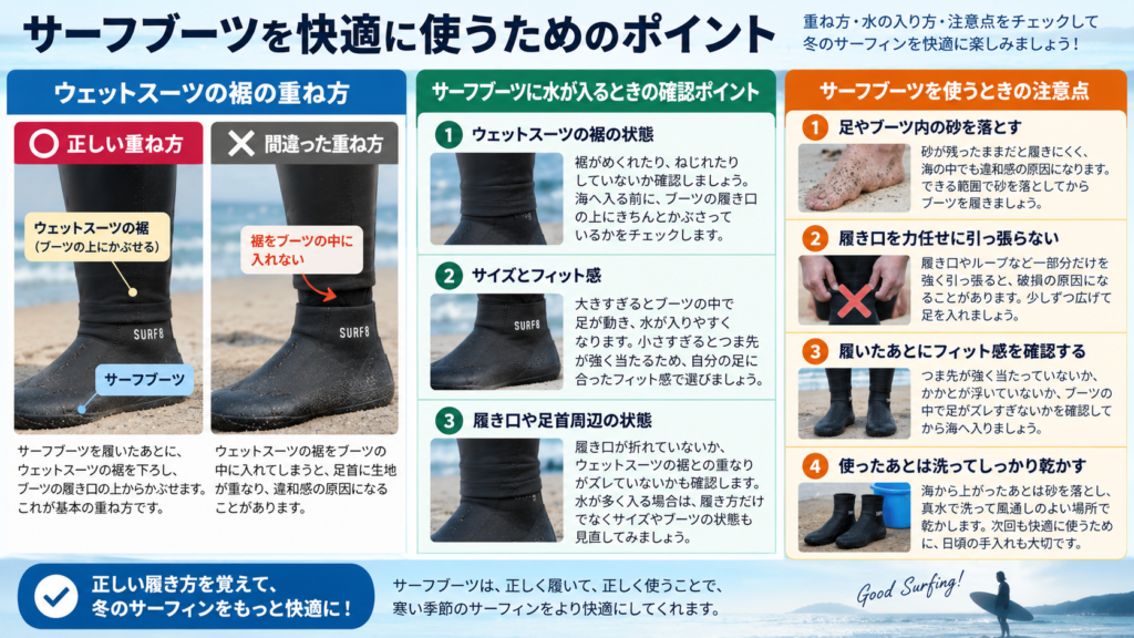 サーフブーツの裾の重ね方と水が入るときの確認点、使用時の注意点をまとめた図解