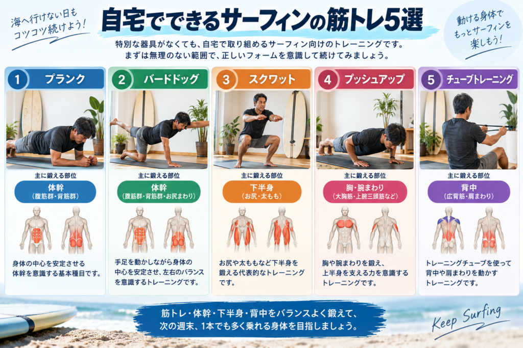 自宅でできるサーフィン向け筋トレ5種目を紹介する図解