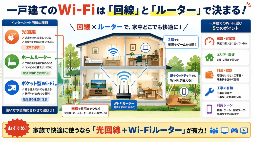 一戸建てのWi-Fiで光回線・ホームルーター・ポケット型Wi-FiとWi-Fiルーターの違いを比較した図解