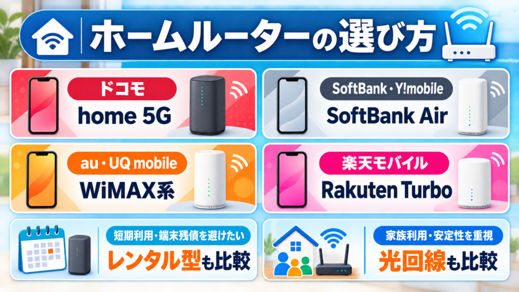 スマホ回線や利用期間別にホームルーターの選び方をまとめた図解