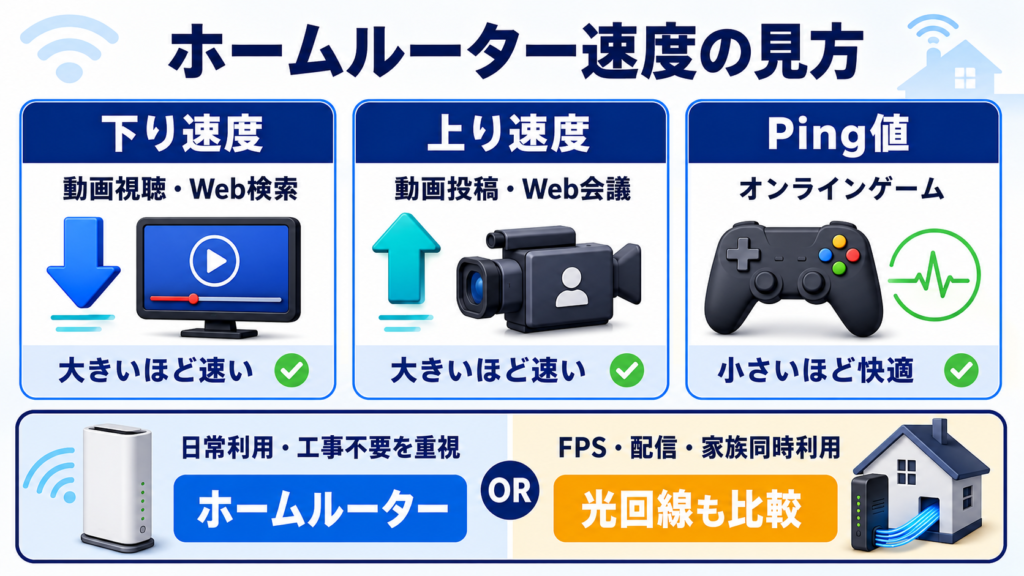 ホームルーターの下り速度・上り速度・Ping値の見方と光回線との使い分け