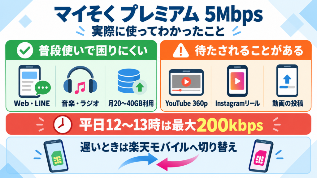 mineo マイそく プレミアム5Mbpsで使いやすい用途と注意点をまとめた図解