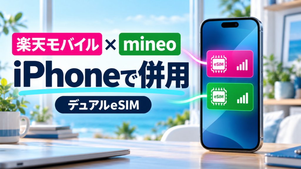 iPhoneで楽天モバイルとmineoをデュアルeSIM併用するイメージ