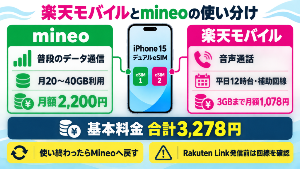 楽天モバイルとmineoをiPhone 15で併用する役割分担と月額料金の図解