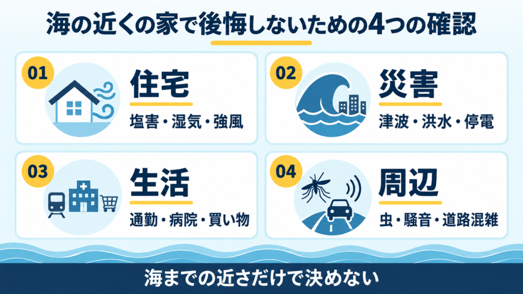海の近くの家で後悔しないために確認したい住宅・災害・生活・周辺環境の4項目