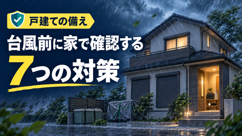 台風前に家で確認する7つの対策を紹介する戸建て住宅のアイキャッチ