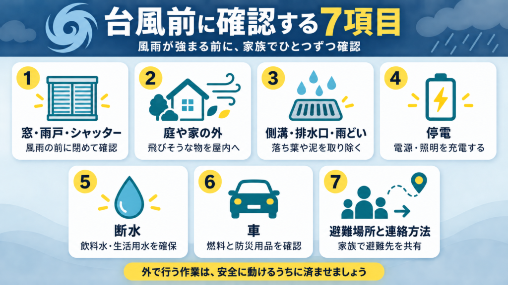 台風前に確認する窓・庭・排水・停電・断水・車・避難の7項目