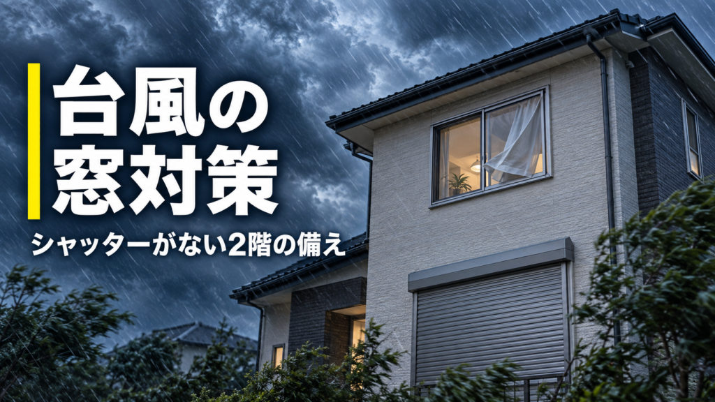 台風の雨風を受ける戸建て住宅と、シャッターがない2階の窓の対策を表したアイキャッチ